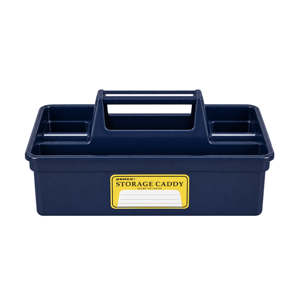 Large navy Penco storage caddy with four compartments, a carry handle and yellow label, viewed from the front.