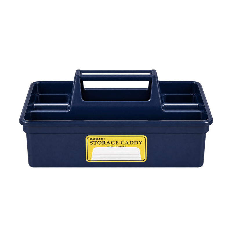 Large navy Penco storage caddy with four compartments, a carry handle and yellow label, viewed from the front.