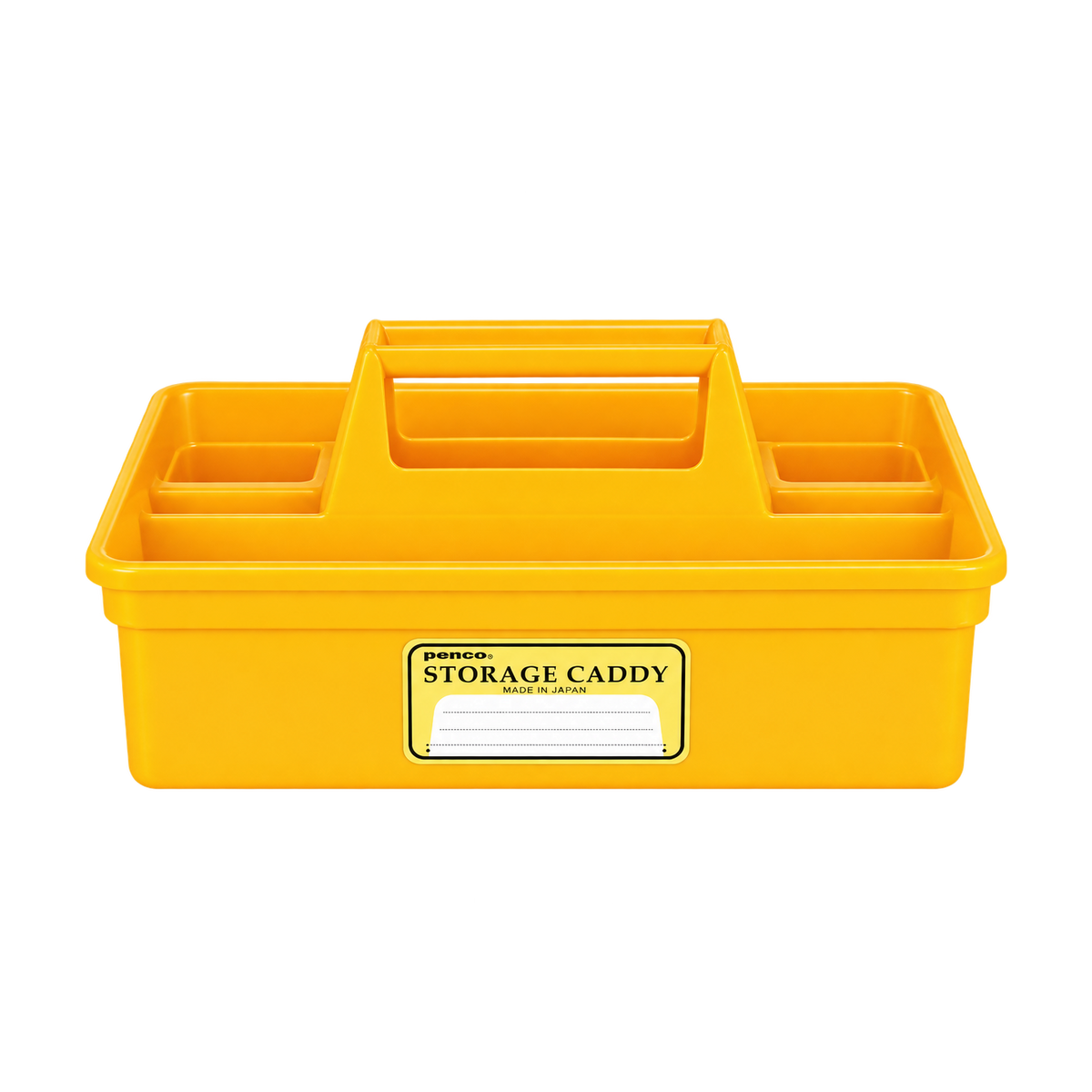 Large yellow Penco storage caddy with four compartments, a carry handle and yellow label, viewed from the front.