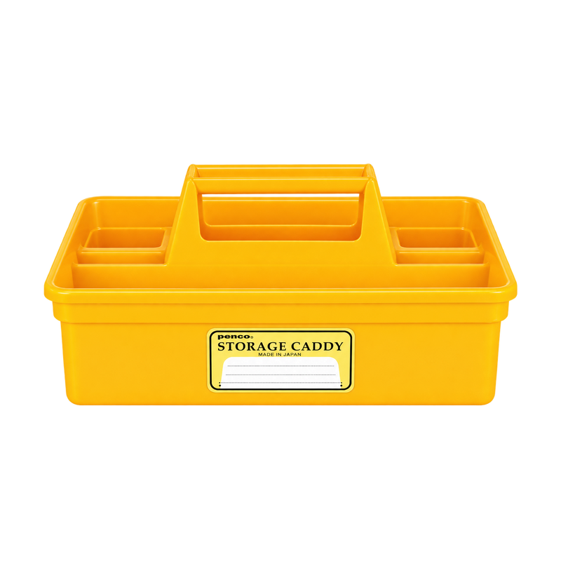 Large yellow Penco storage caddy with four compartments, a carry handle and yellow label, viewed from the front.
