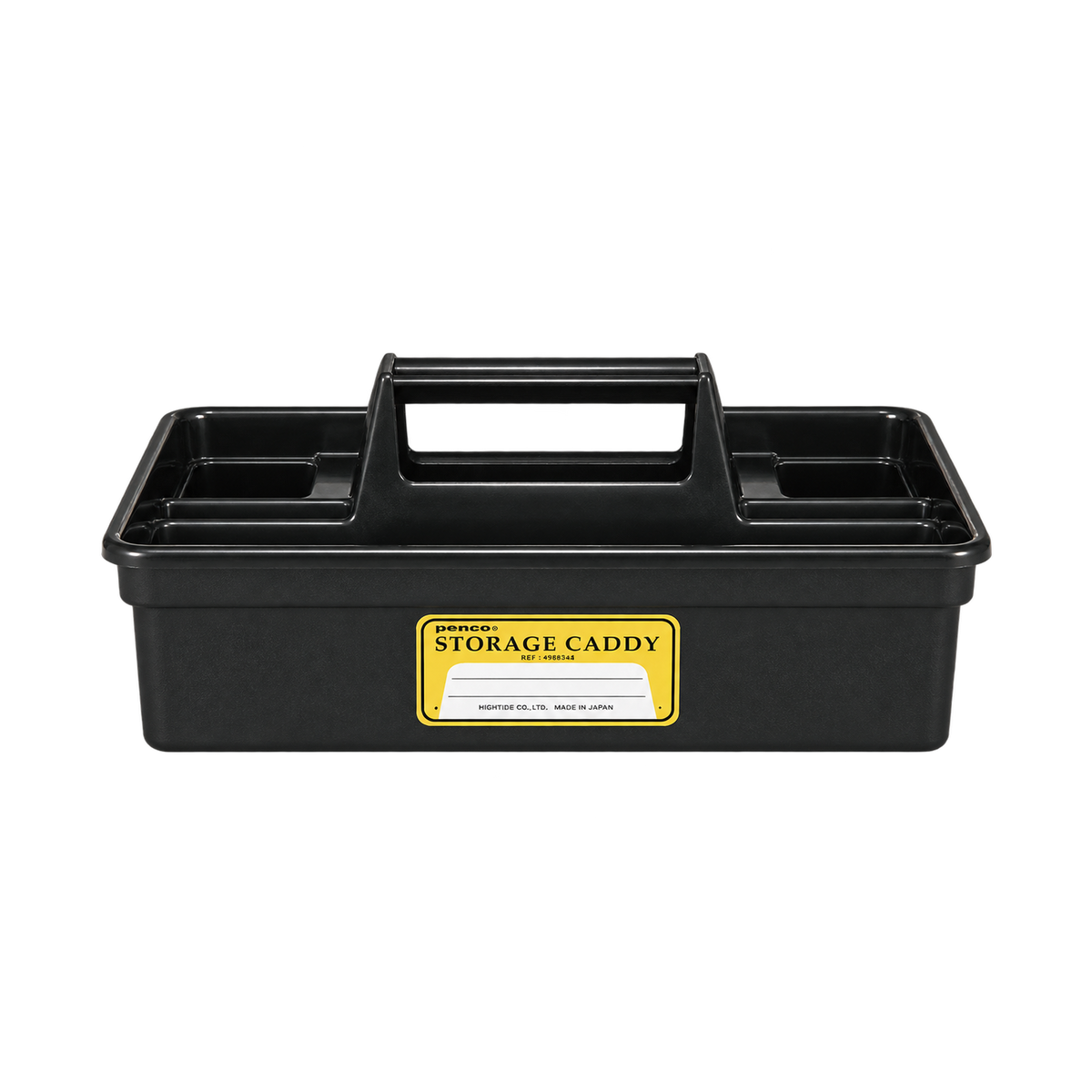 Large black Penco storage caddy with four compartments, a carry handle and yellow label, viewed from the front.
