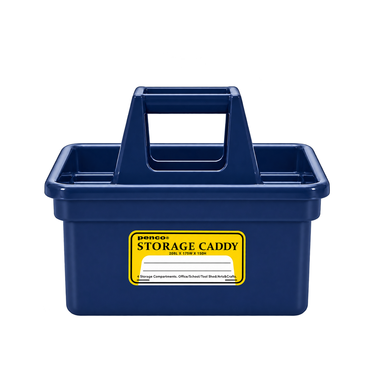 Small navy Penco storage caddy with a carry handle and yellow label, viewed from the front.