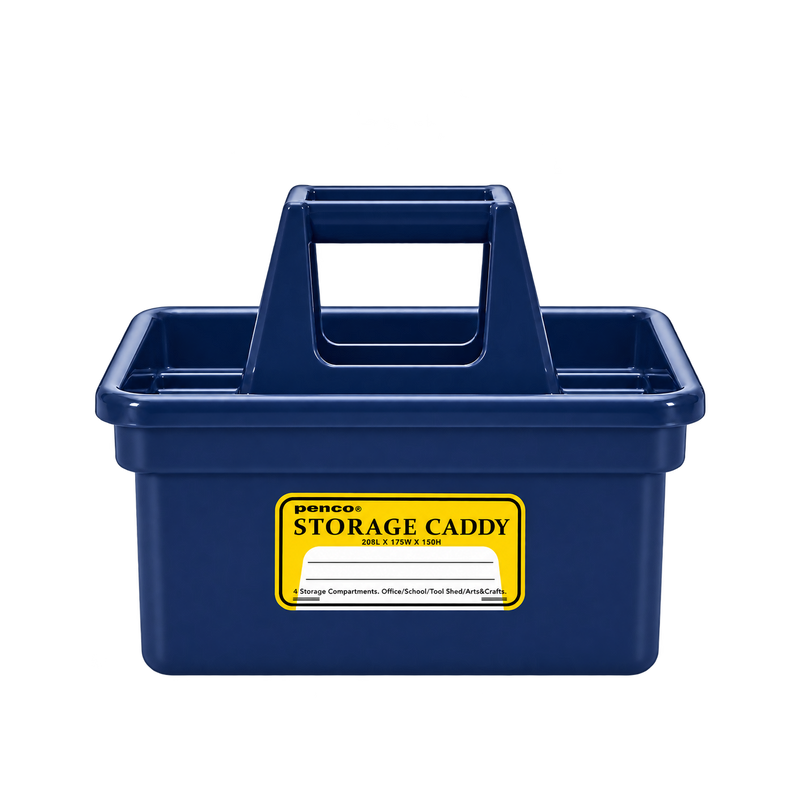 Small navy Penco storage caddy with a carry handle and yellow label, viewed from the front.