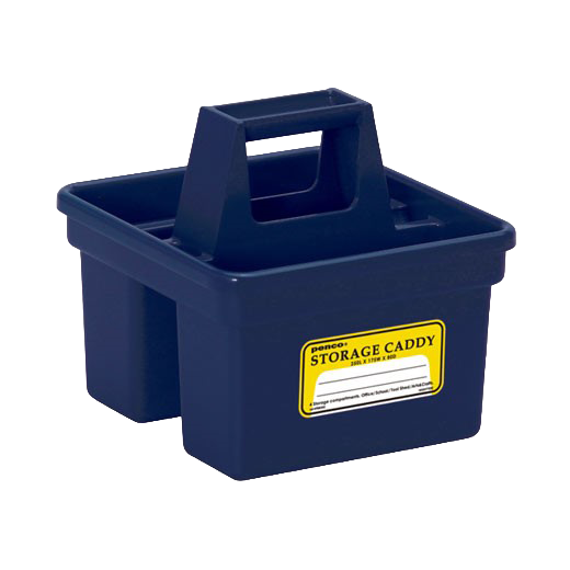 Small navy Penco storage caddy with a carry handle and yellow label, viewed from the front.