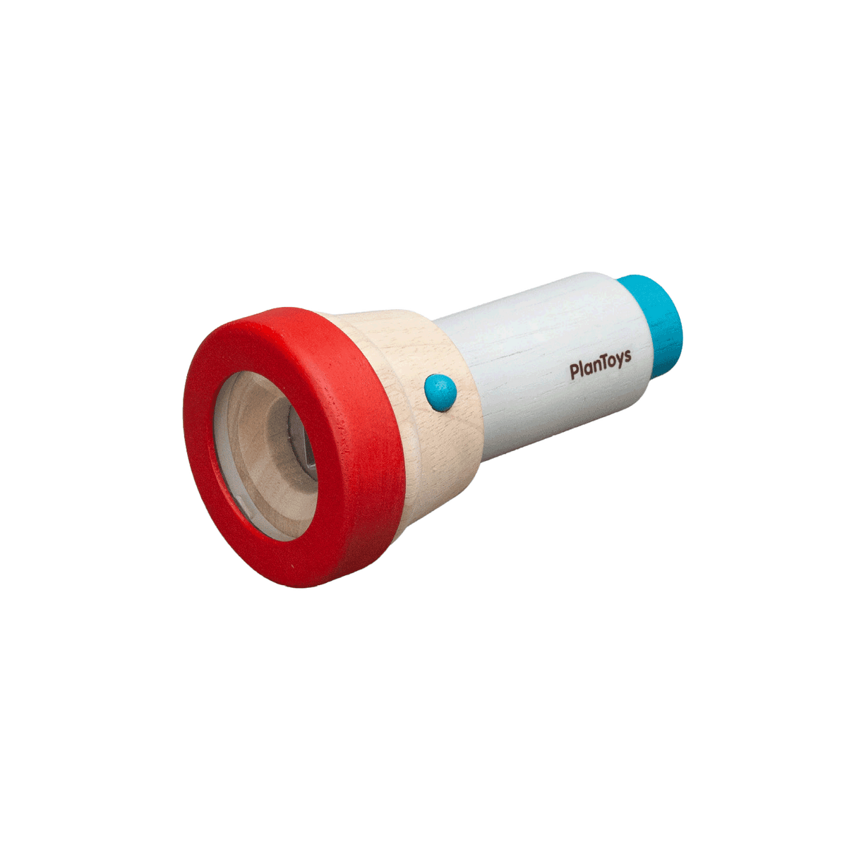 PlanToys My First Kaleidoscope, a wooden toy kaleidoscope with an opening compartment for creating colourful patterns.