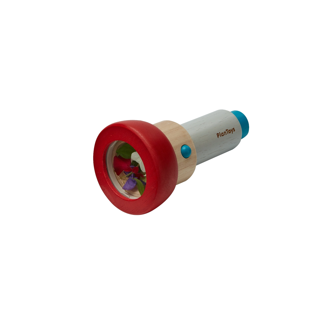 PlanToys My First Kaleidoscope, a wooden toy kaleidoscope with an opening compartment for creating colourful patterns.