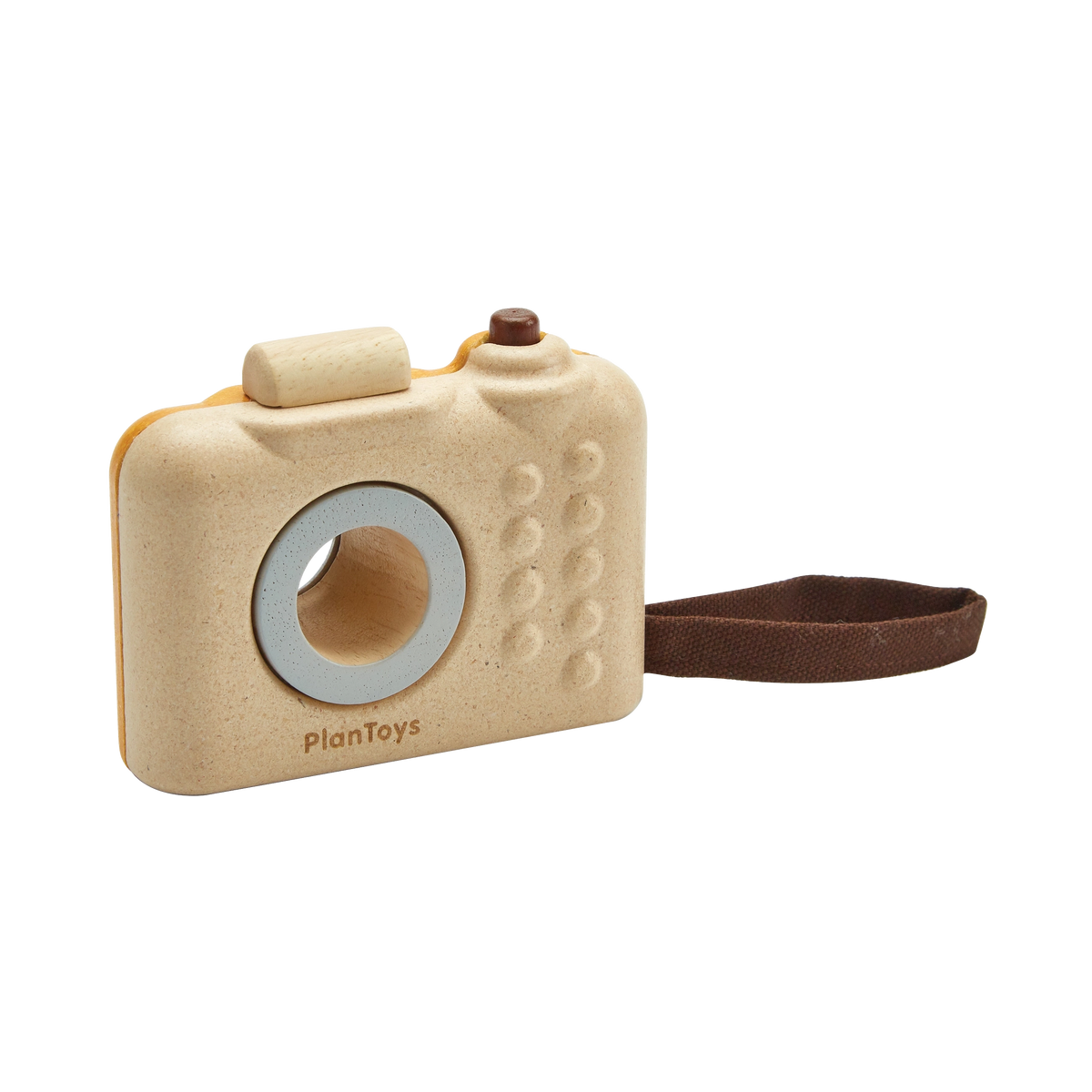 PlanToys My First Camera wooden toy camera with kaleidoscope lens for children.