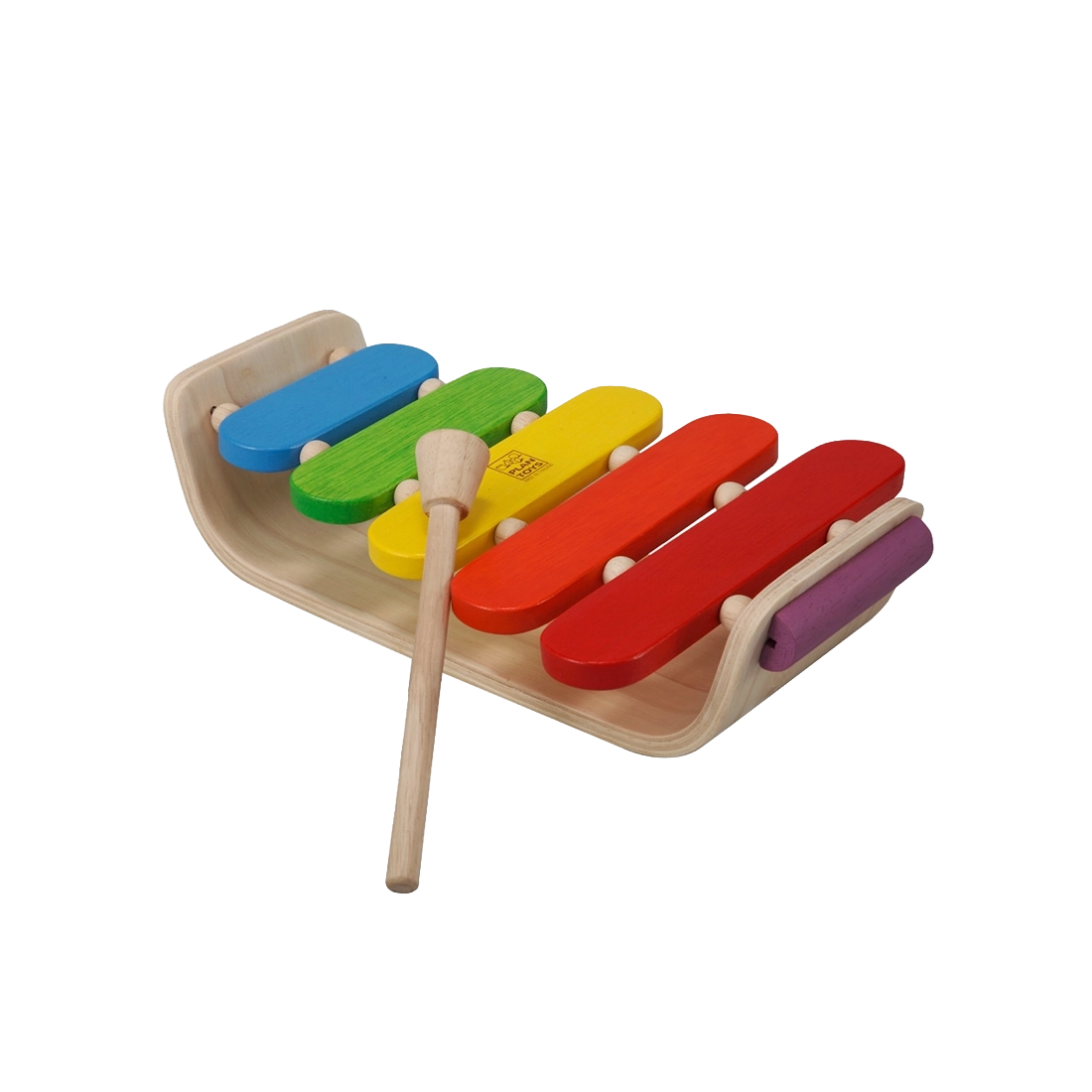 PlanToys Oval Xylophone wooden musical toy with five colourful bars and a wooden mallet.