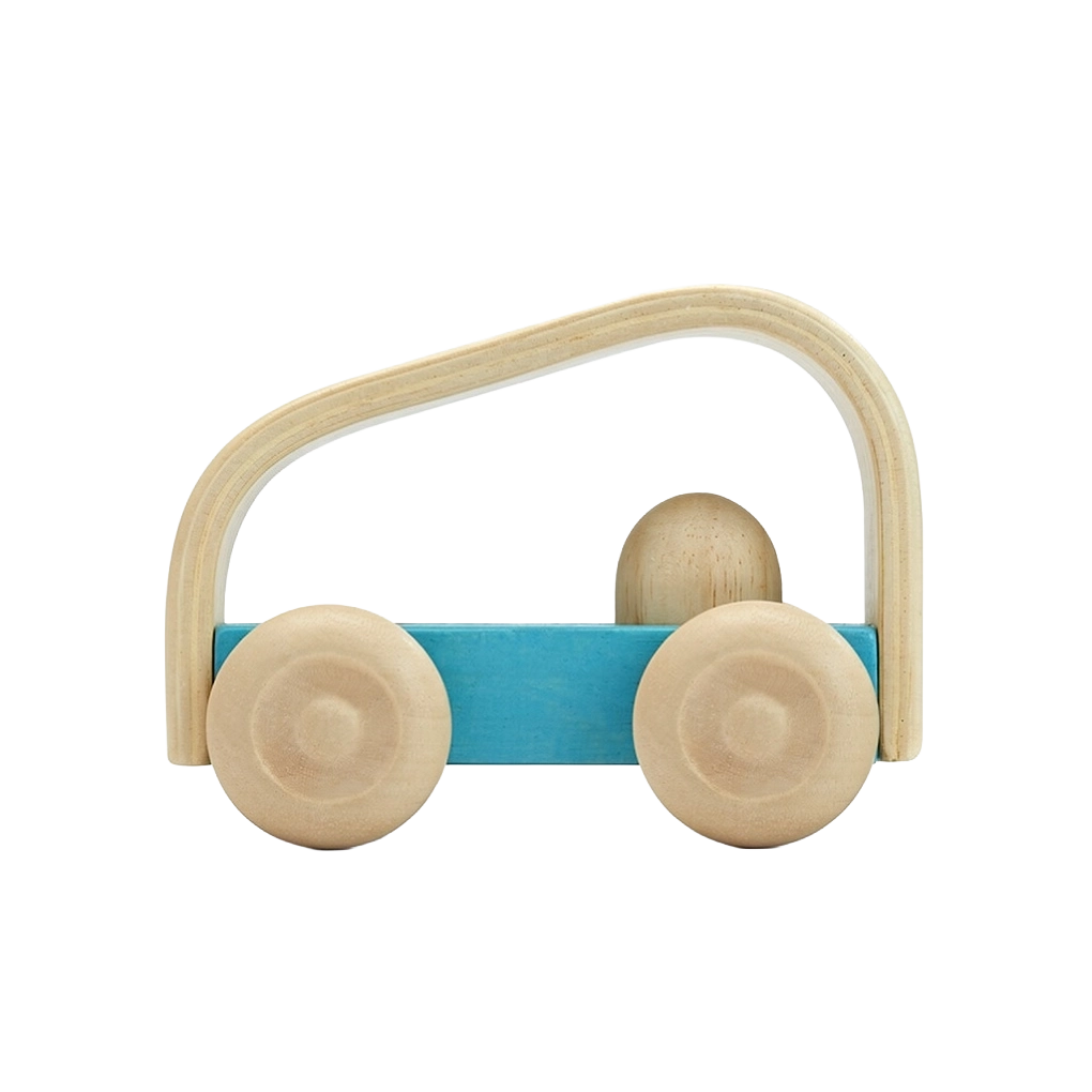PlanToys My First Light Blue Car, a light blue wooden toy car made from solid rubberwood for toddlers.
