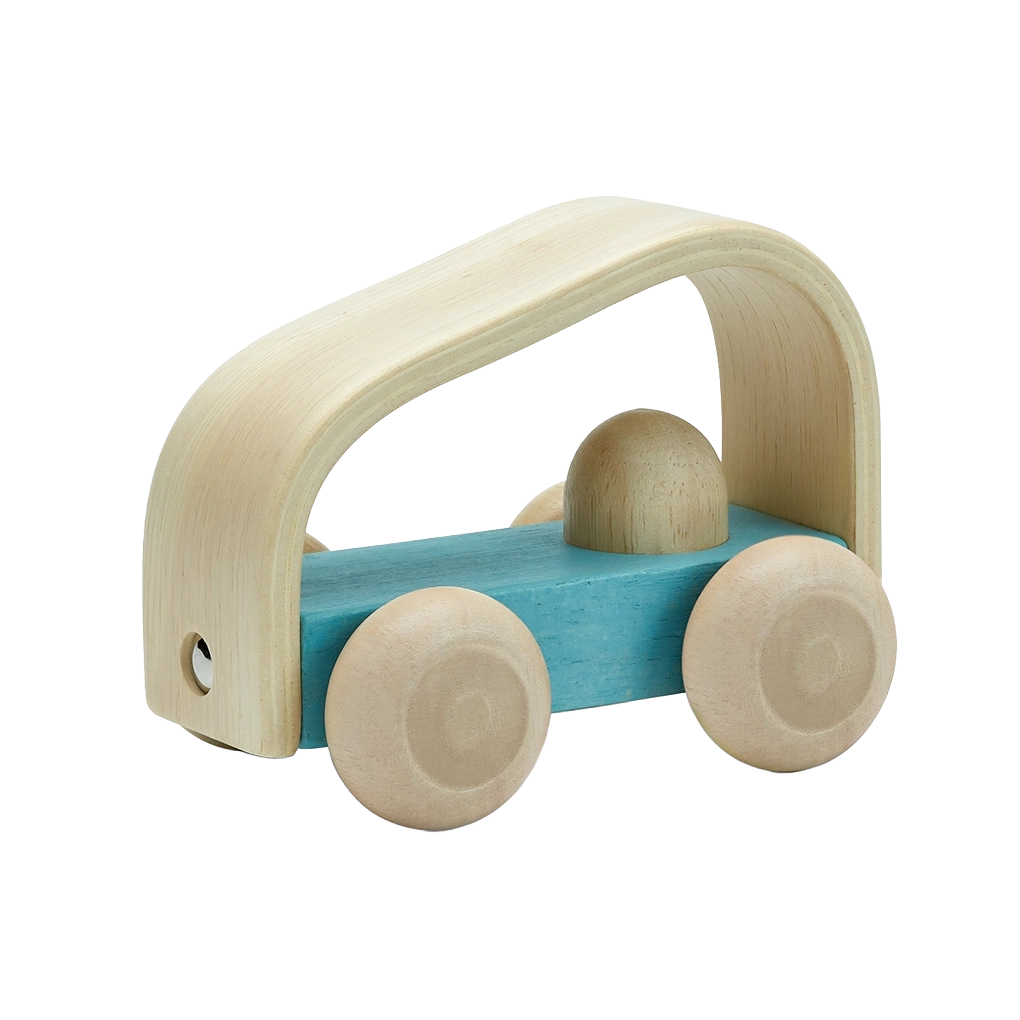 PlanToys My First Light Blue Car, a light blue wooden toy car made from solid rubberwood for toddlers.