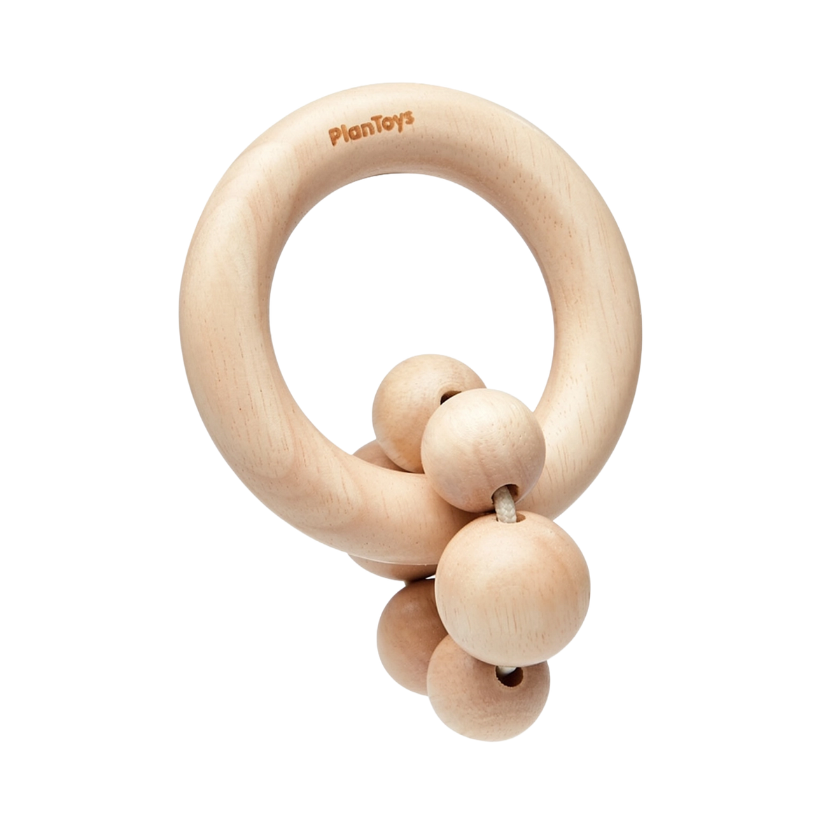 PlanToys Beads Rattle Natural wooden baby toy with a smooth wooden ring and movable beads.