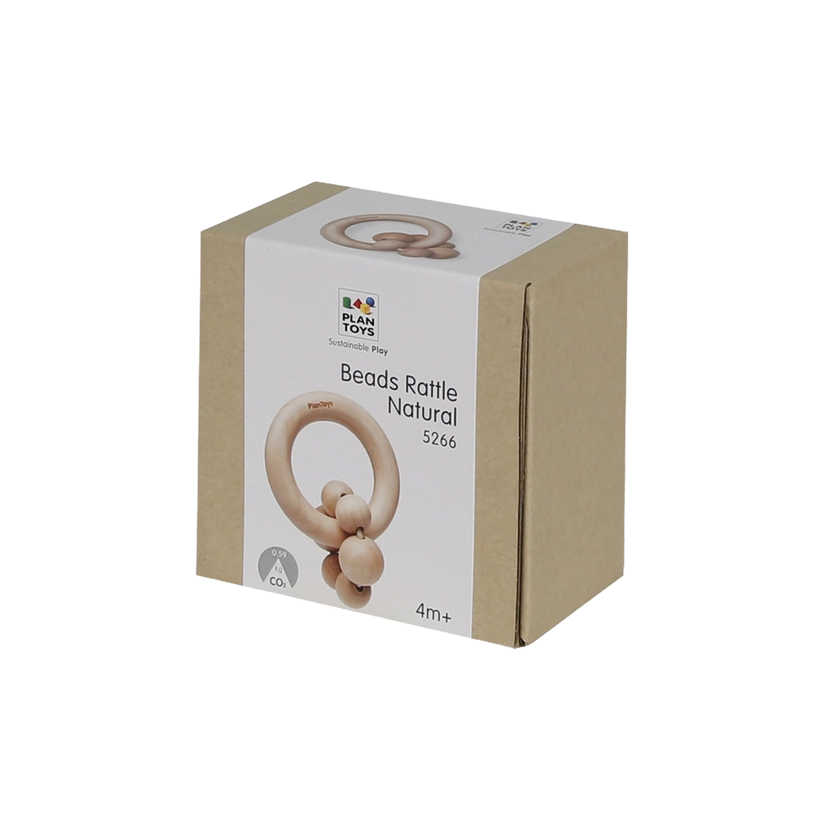 PlanToys Beads Rattle Natural wooden baby toy with a smooth wooden ring and movable beads.