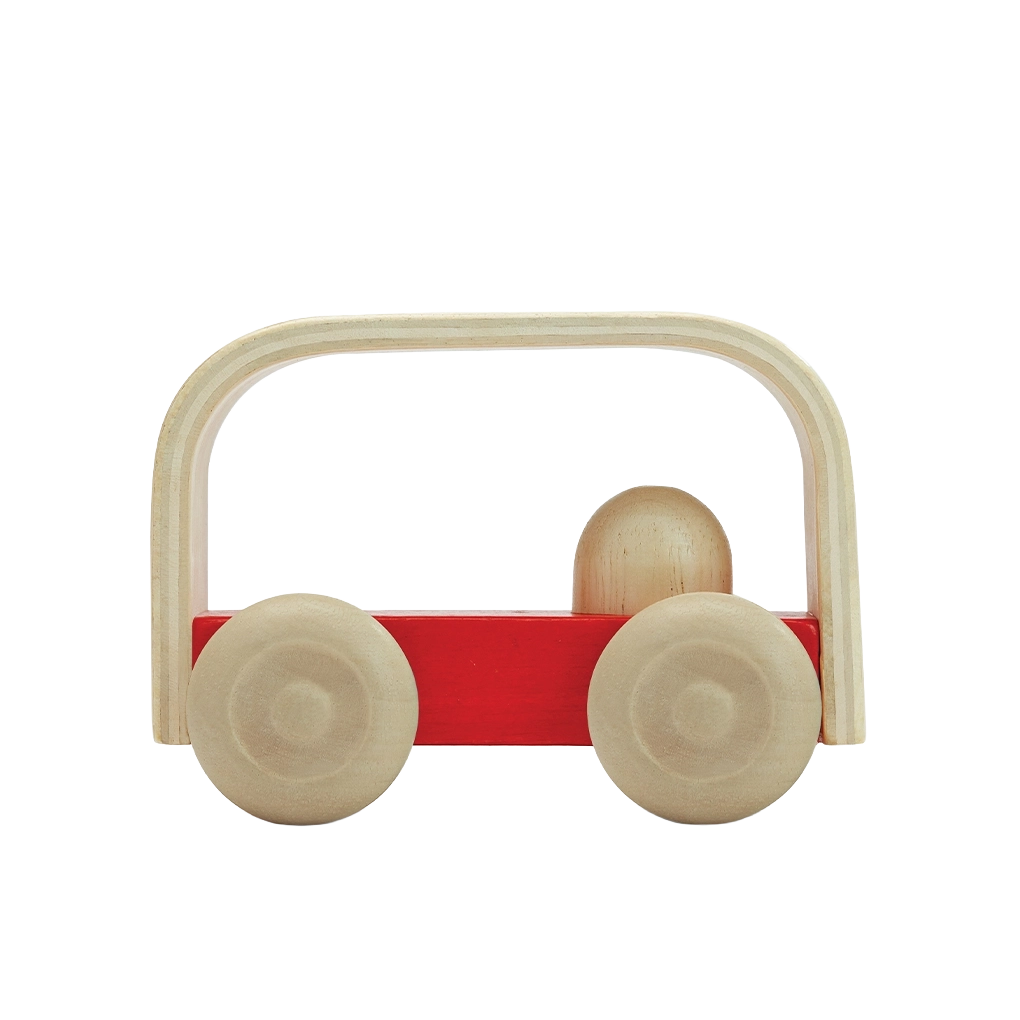 PlanToys My First Red Car, a red wooden toy car made from solid rubberwood for toddlers.