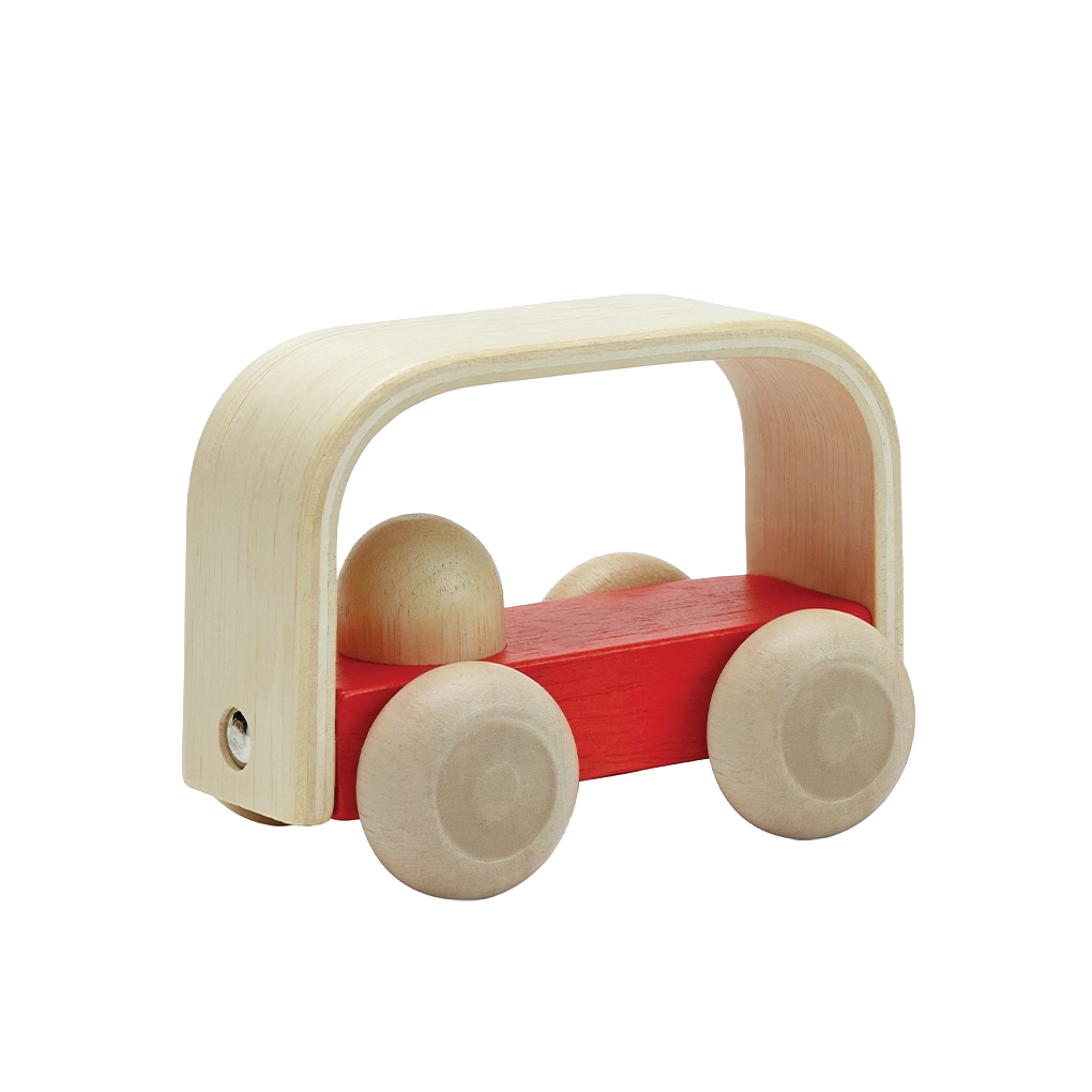 PlanToys My First Red Car, a red wooden toy car made from solid rubberwood for toddlers.