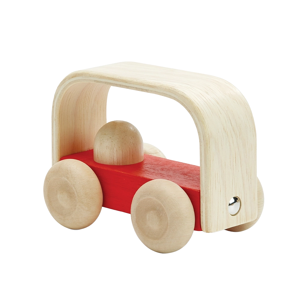 PlanToys My First Red Car, a red wooden toy car made from solid rubberwood for toddlers.