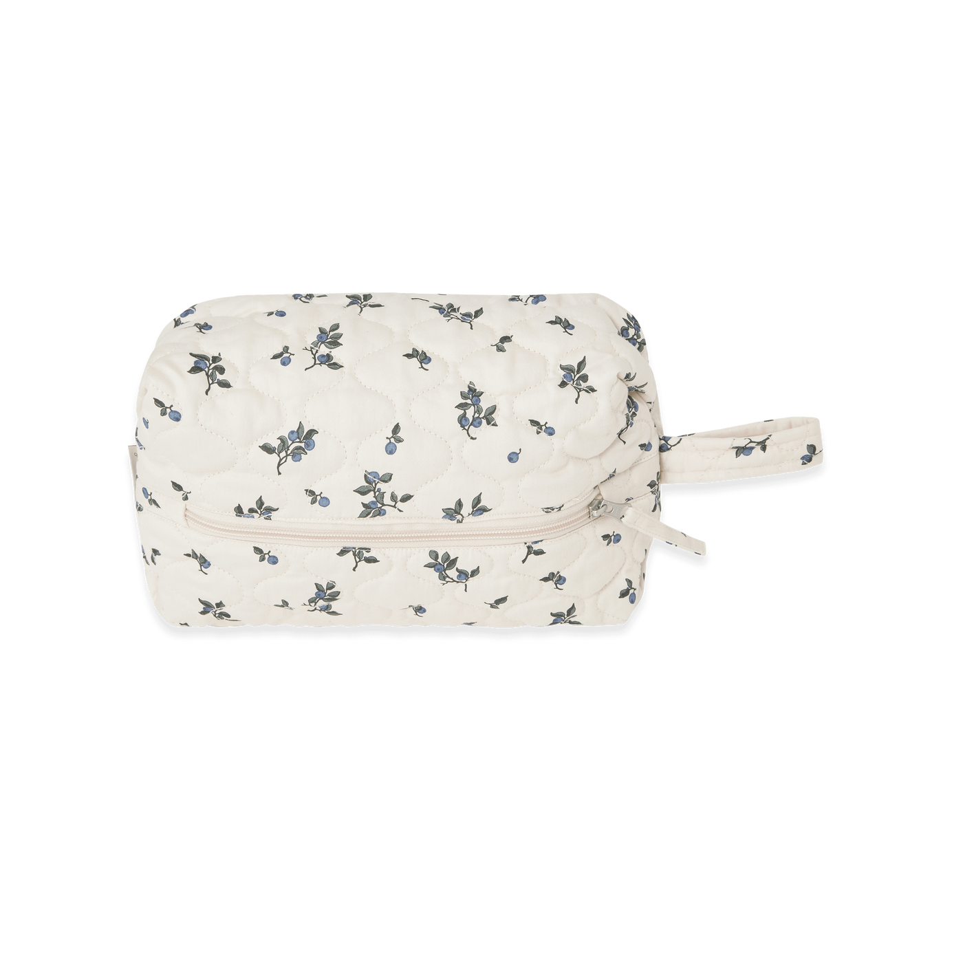 Quilted toiletry bag made from organic cotton, featuring a hand-drawn print, zip closure, and practical handle. Spacious design, 26x17x10 cm. Perfect for travel or daily use.