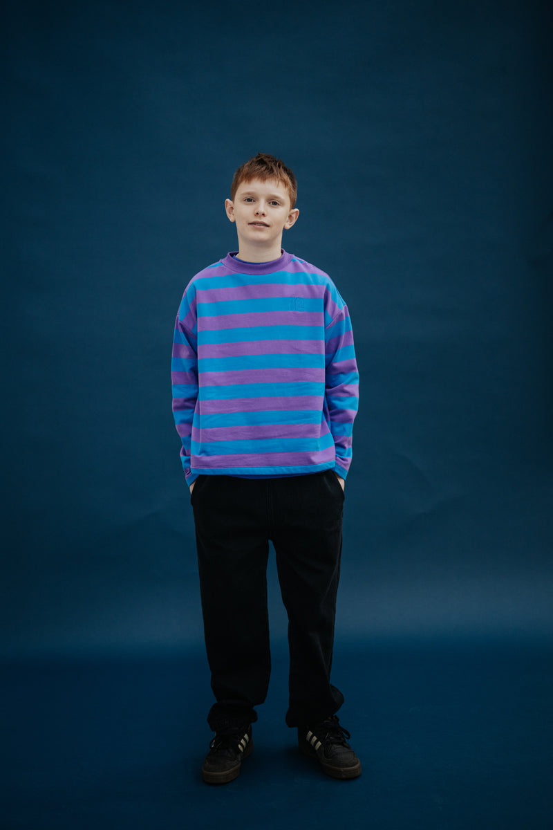 oversized boxy sweater - cool pool violet blue block stripe