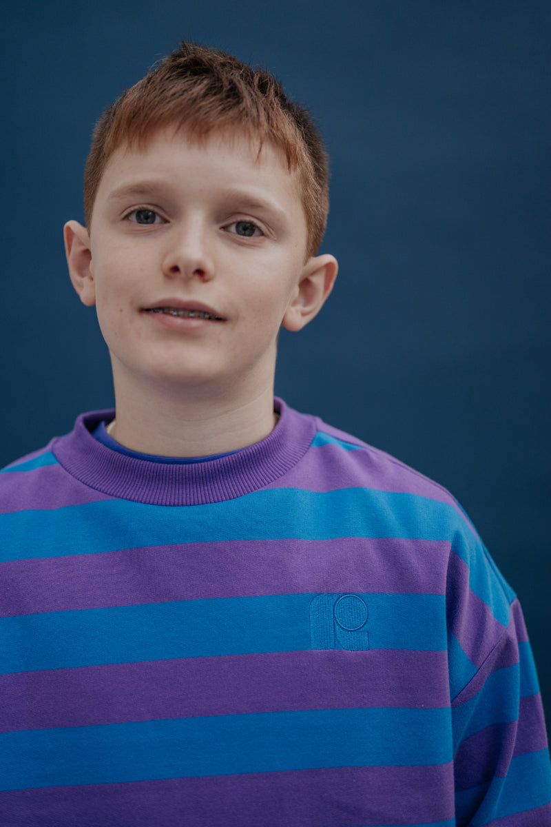 oversized boxy sweater - cool pool violet blue block stripe