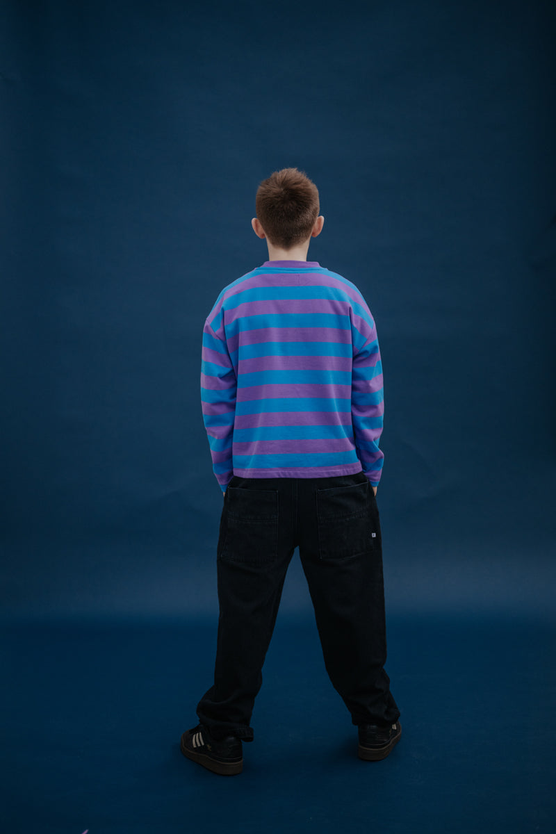 oversized boxy sweater - cool pool violet blue block stripe