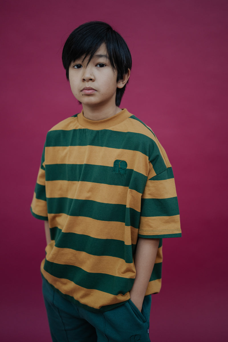 boxy tee shirt - gold country green block stripe