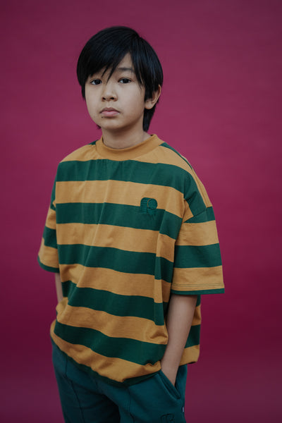 boxy tee shirt - gold country green block stripe