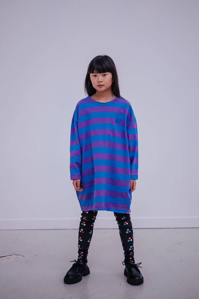 cozy sweat dress - cool pool violet block stripe