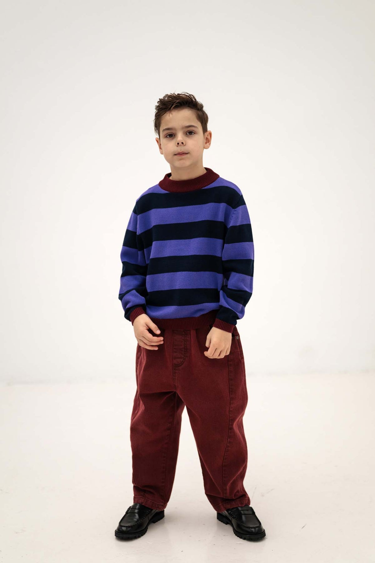 knit crew sweater - orchid blue block stripe