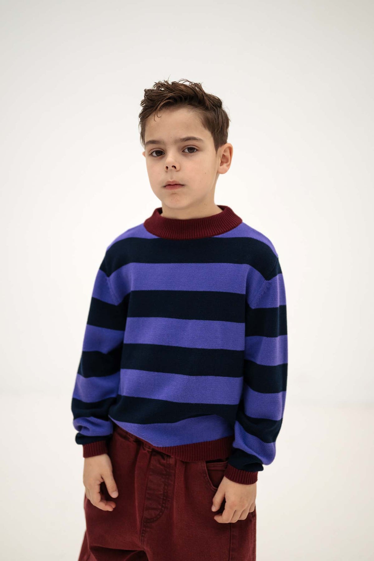 knit crew sweater - orchid blue block stripe
