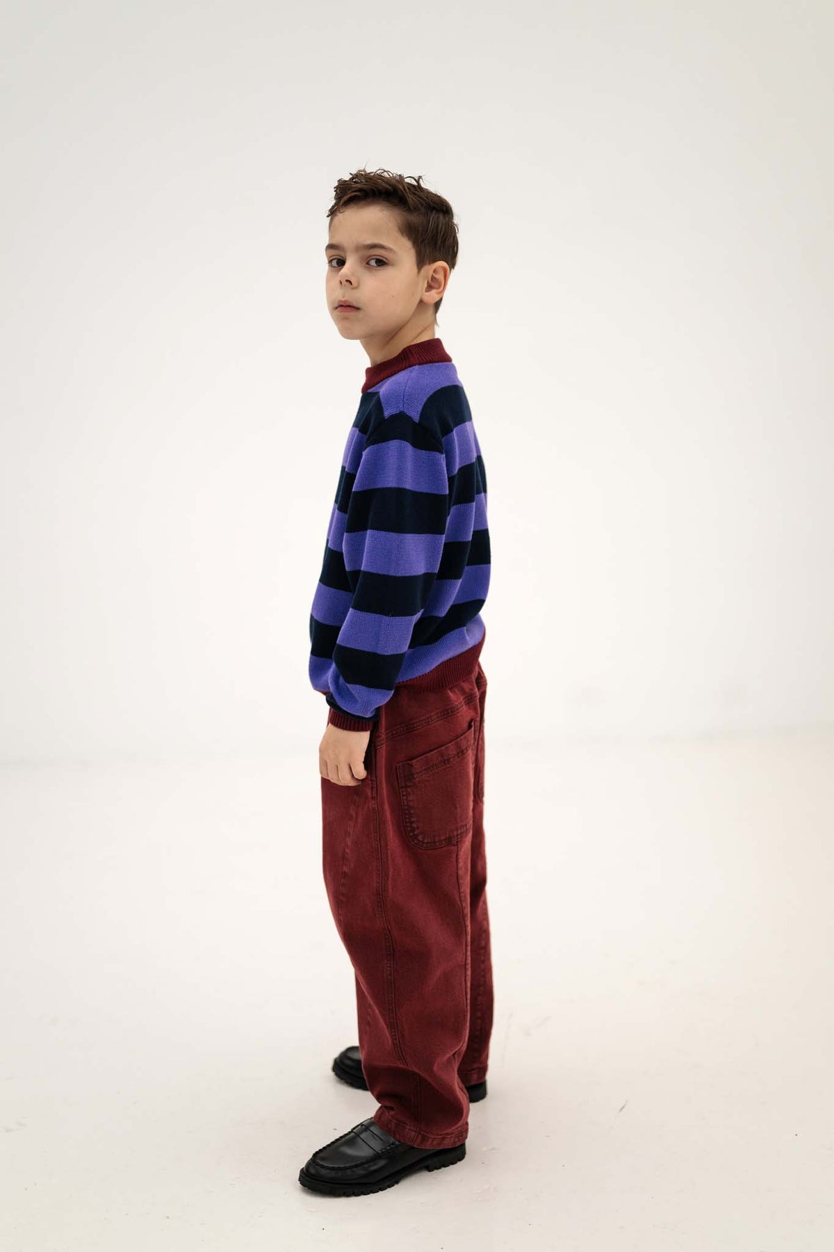 knit crew sweater - orchid blue block stripe