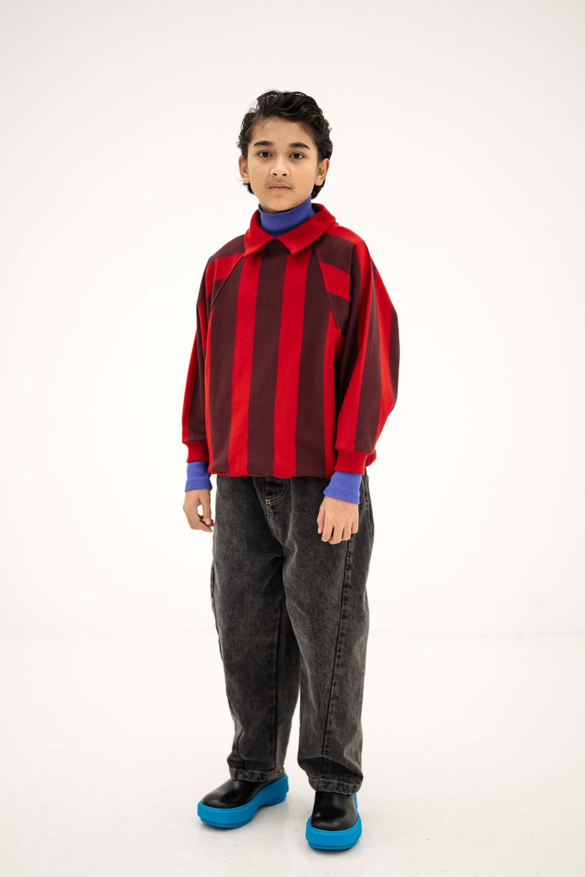 raglan polo sweater - rusty mulberry block stripe
