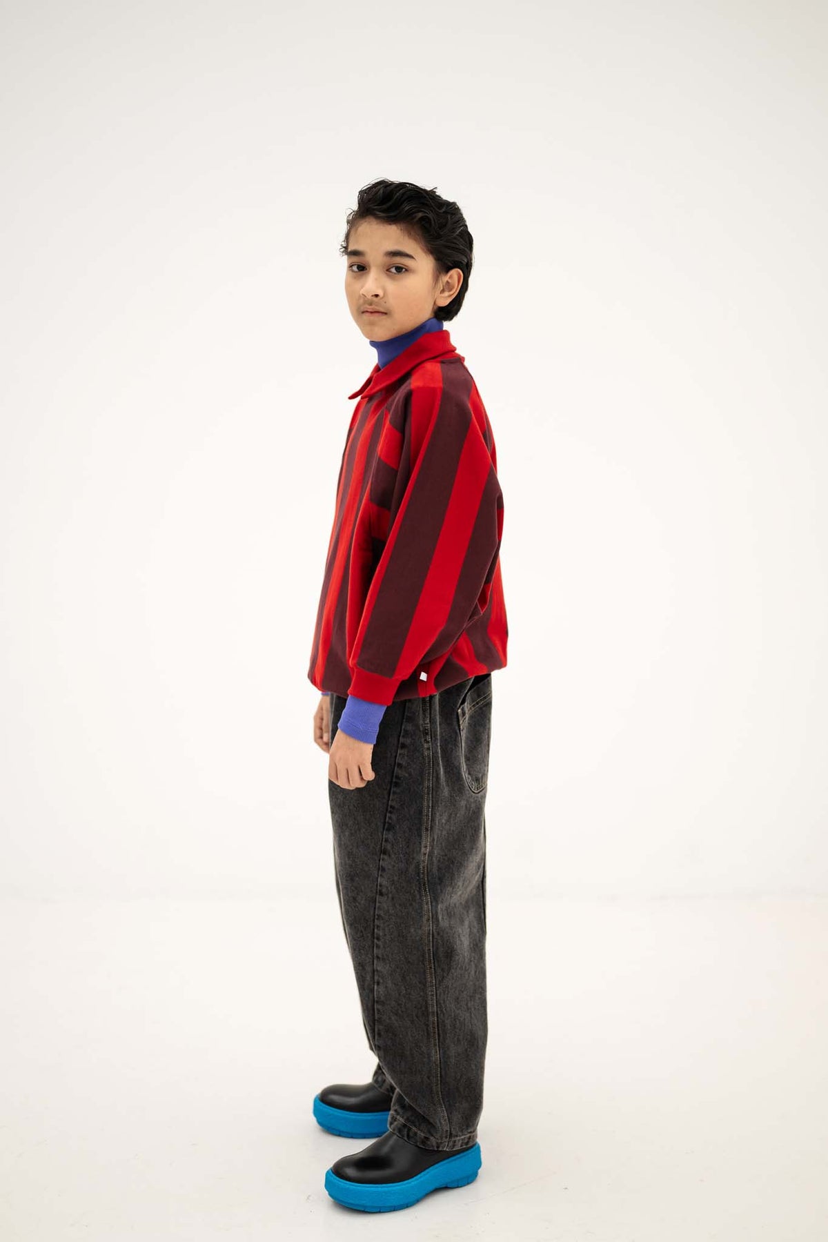 raglan polo sweater - rusty mulberry block stripe