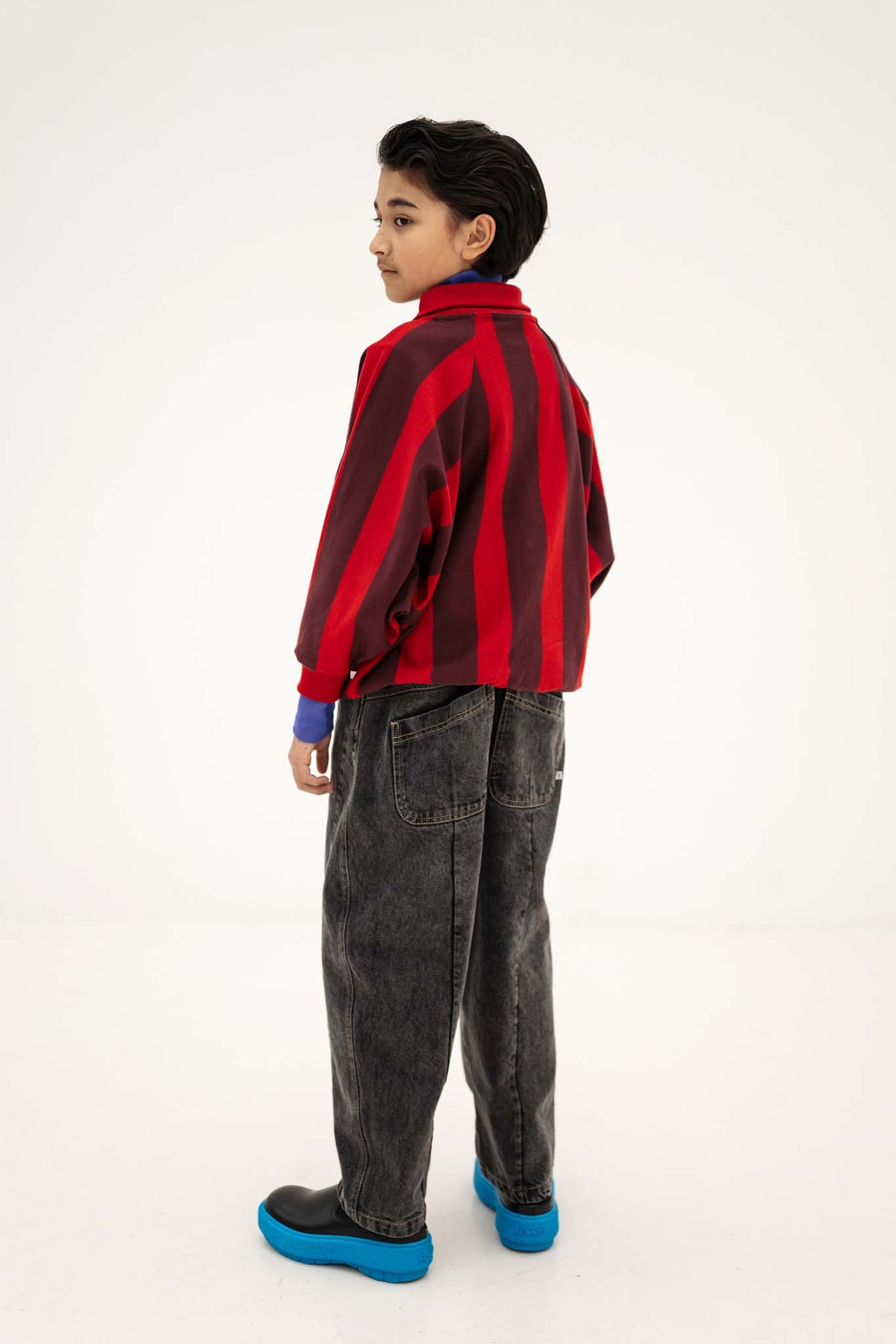 raglan polo sweater - rusty mulberry block stripe