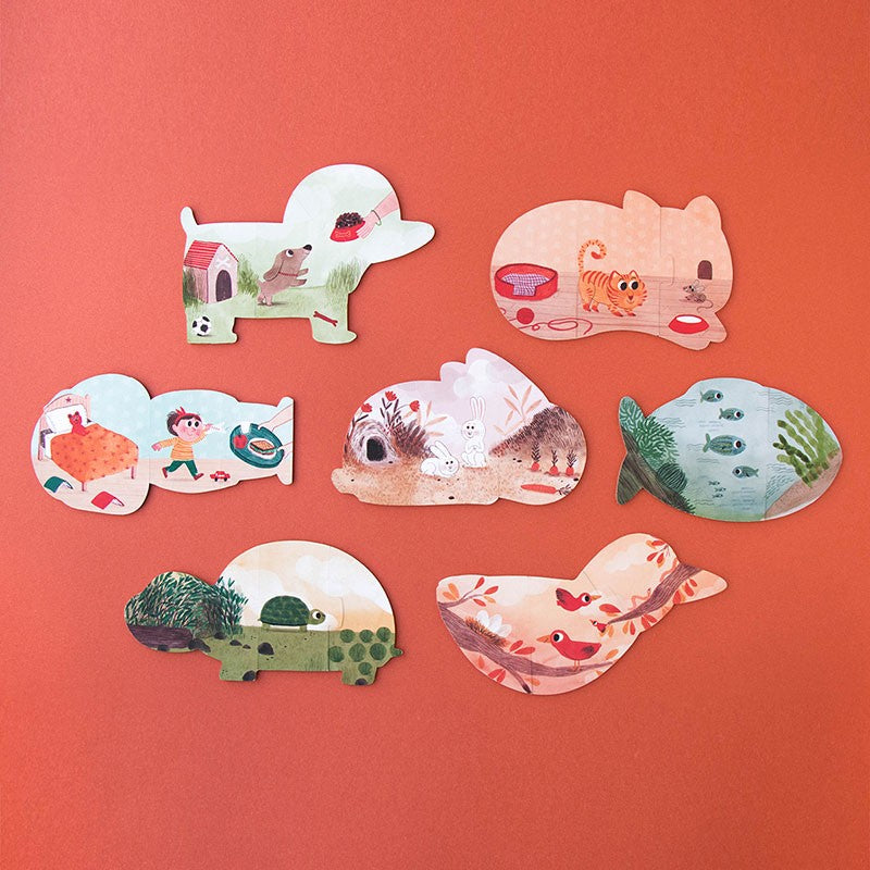 Set of seven reversible pet puzzles for kids, each showing a pet and its habitat – large 3-piece puzzles for ages 2+
