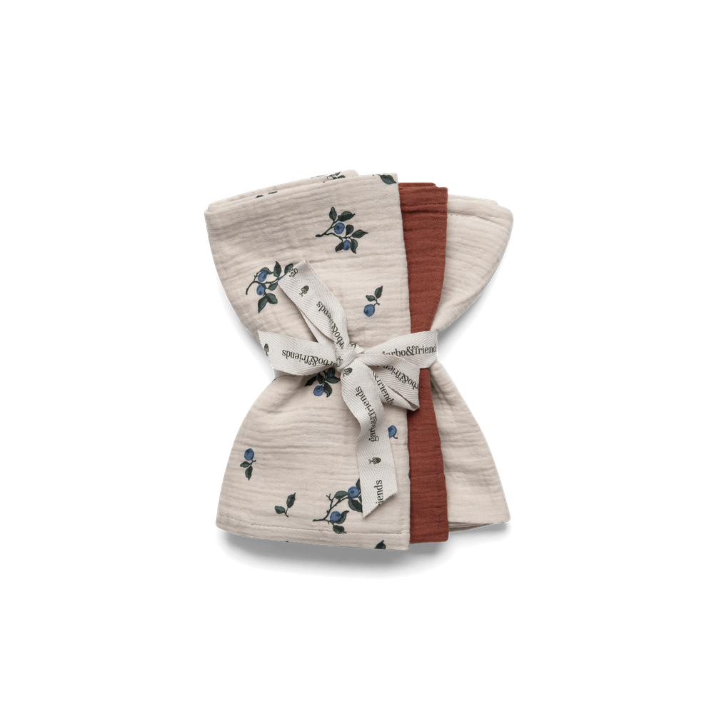 Set of three muslin burp cloths in 40x40 cm, featuring one patterned and two solid-colored designs, made from soft, lightweight, and durable cotton muslin. Ethically crafted in Portugal and OEKO-TEX® Certified. Perfect for breastfeeding and baby care.
