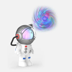 Stellar Light Astronaut Projector displaying a moving Milky Way in seven colors with a calming moon, featuring a 360° rotatable head, ideal for creating a relaxing bedroom atmosphere.