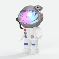 Stellar Light Astronaut Projector displaying a moving Milky Way in seven colors with a calming moon, featuring a 360° rotatable head, ideal for creating a relaxing bedroom atmosphere.