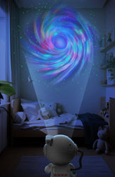 Stellar Light Astronaut Projector displaying a moving Milky Way in seven colors with a calming moon, featuring a 360° rotatable head, ideal for creating a relaxing bedroom atmosphere.