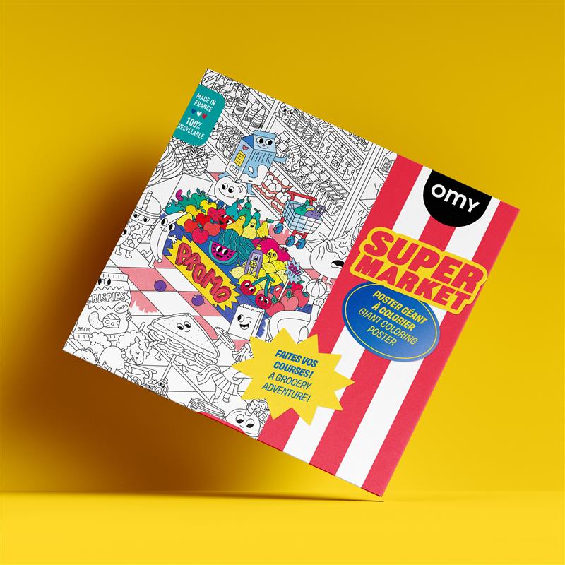 Large colouring poster for kids featuring a playful supermarket scene with quirky illustrations – perfect for creative play and wall decoration.