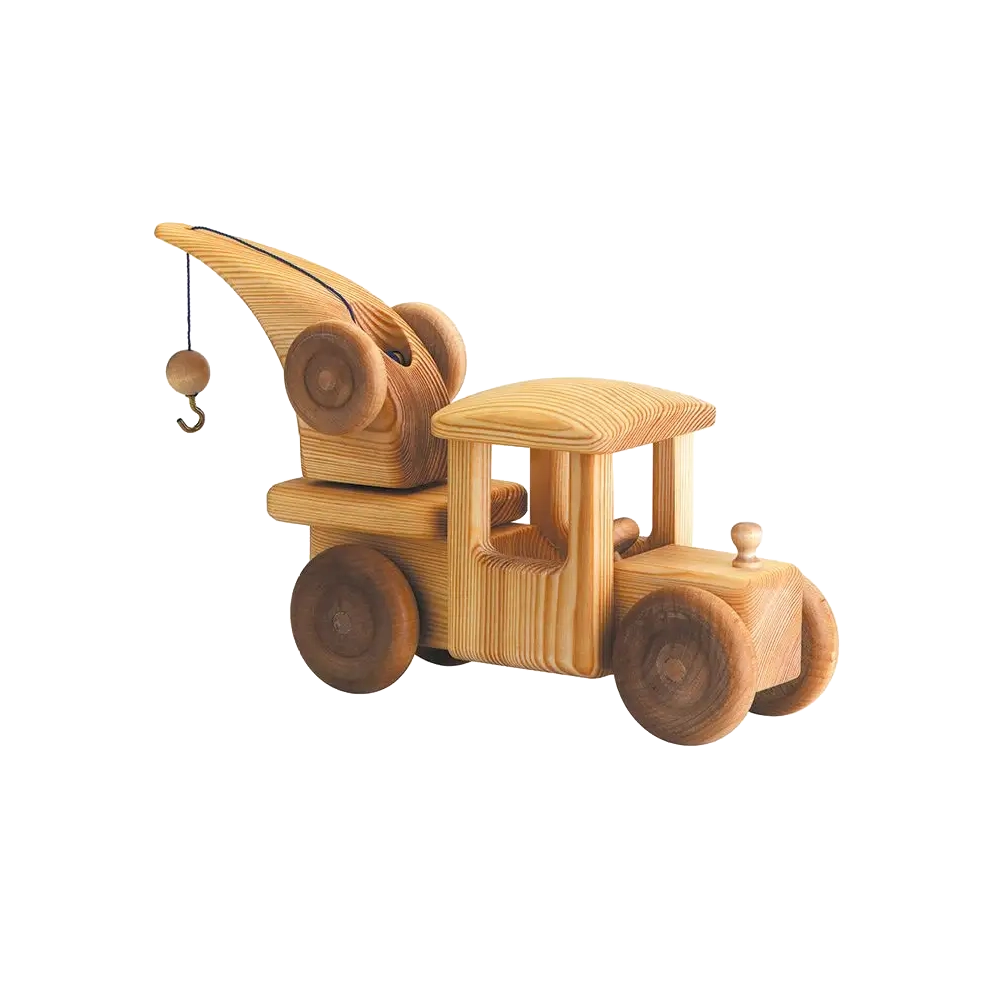 Telleby large wooden crane truck with rotating crane and lifting hook, handmade in Sweden from natural pine and beech wood.