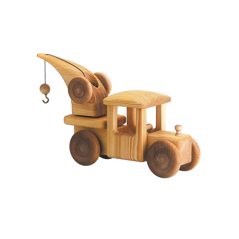 Telleby large wooden crane truck with rotating crane and lifting hook, handmade in Sweden from natural pine and beech wood.