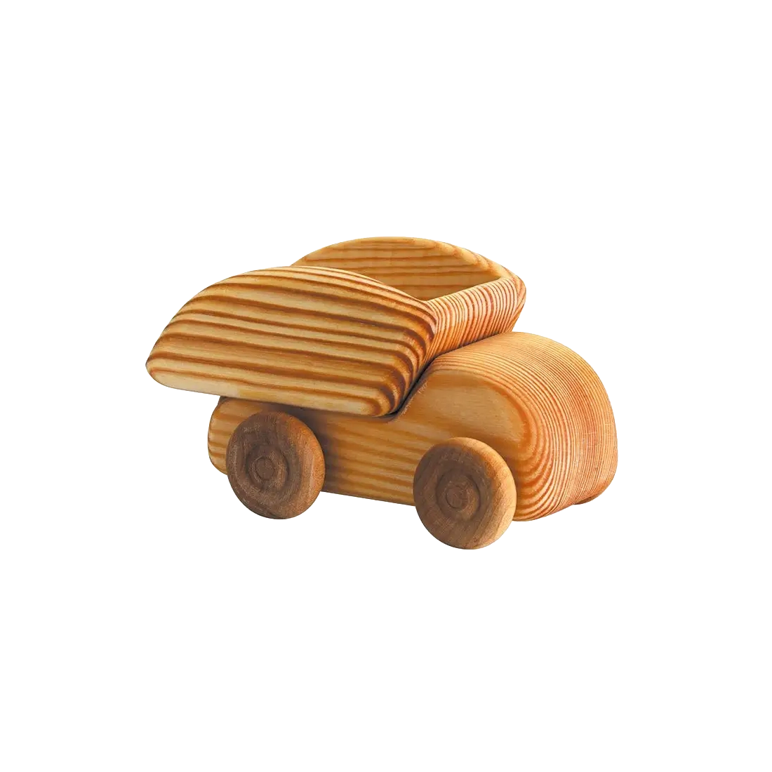 Telleby small wooden truck with tipping cargo bed, handcrafted in Sweden from natural pine and beech wood with smooth, rounded edges.