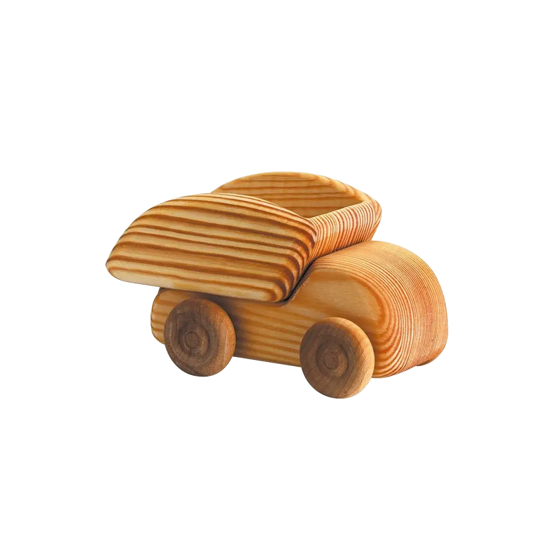 Telleby small wooden truck with tipping cargo bed, handcrafted in Sweden from natural pine and beech wood with smooth, rounded edges.