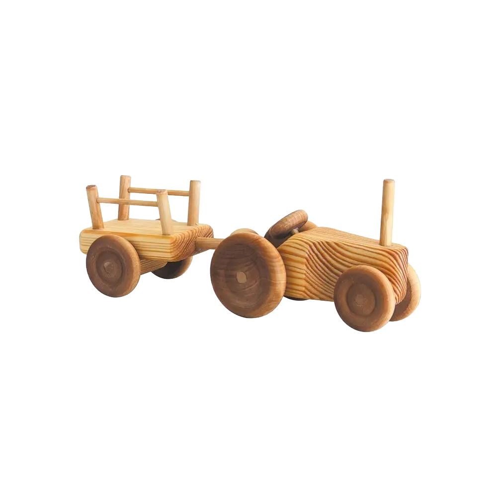 Telleby small wooden tractor with trailer, handmade in Sweden from natural pine and beech wood with smooth rounded edges.