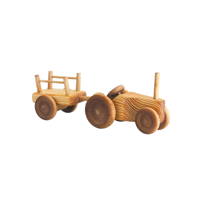 Telleby small wooden tractor with trailer, handmade in Sweden from natural pine and beech wood with smooth rounded edges.