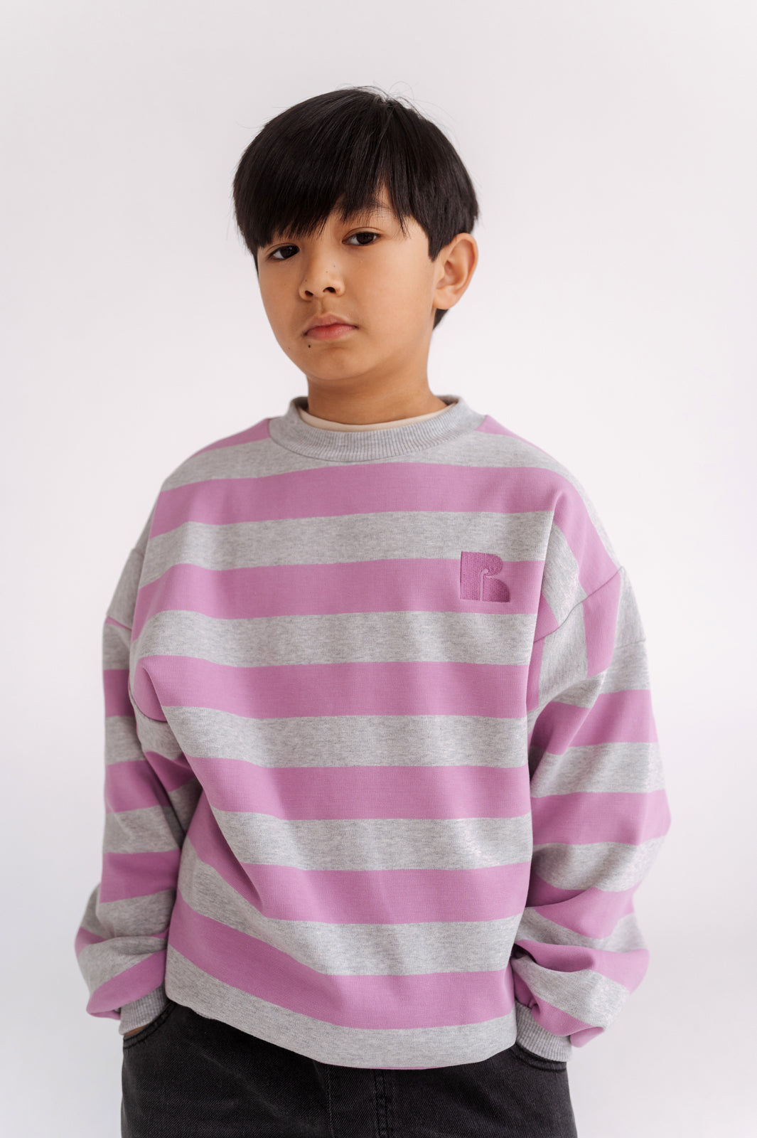 crewneck sweater - orchid light mixed grey block stripe