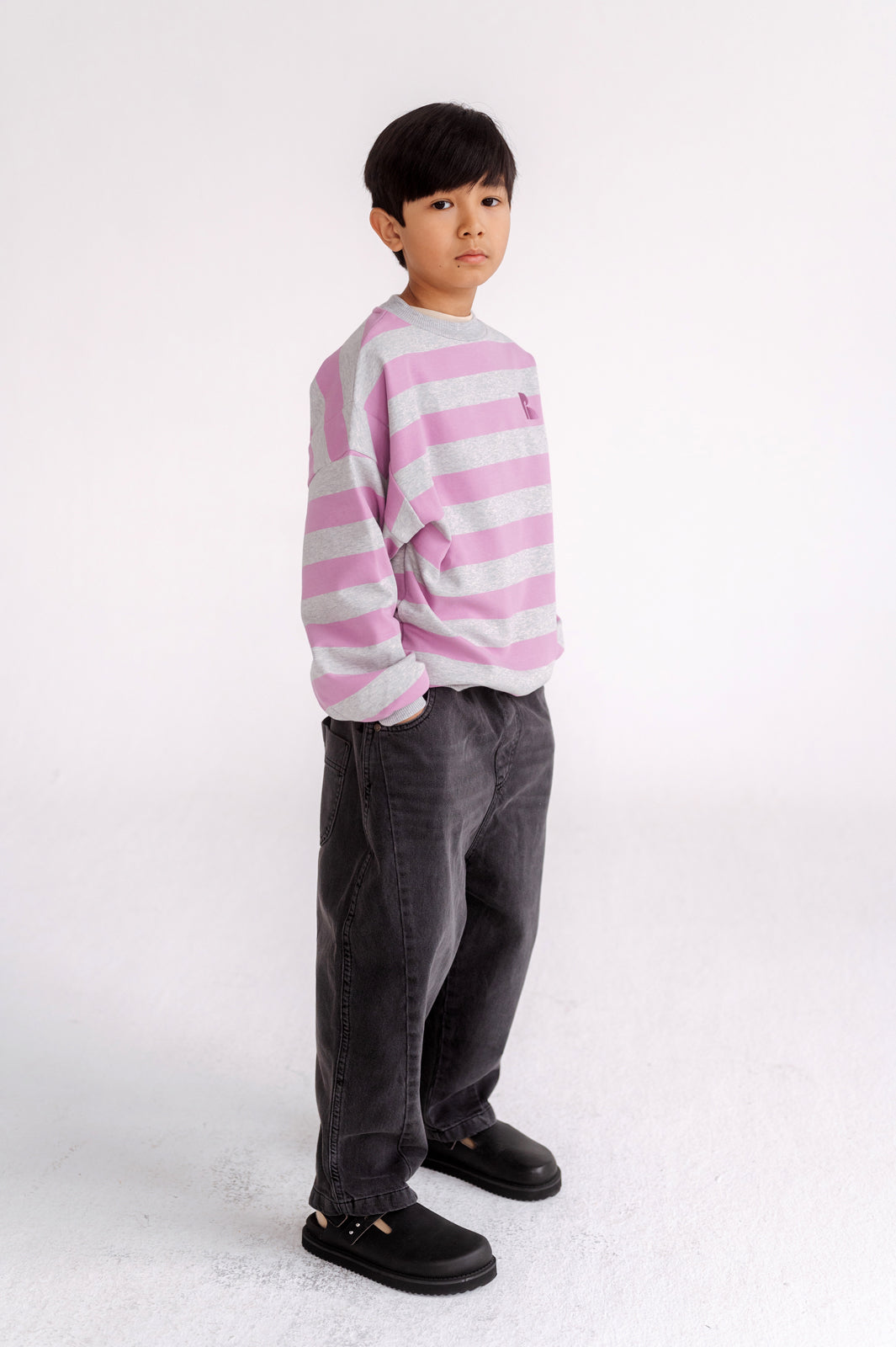 crewneck sweater - orchid light mixed grey block stripe