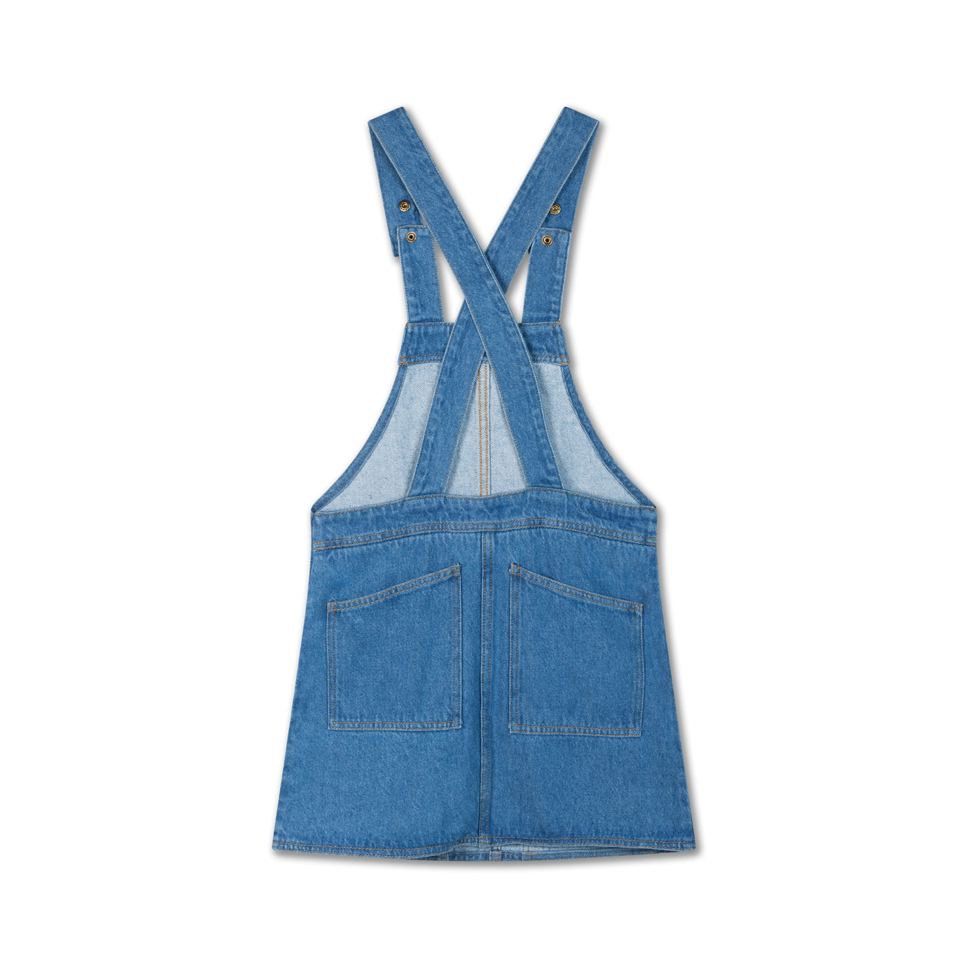 Medium blue dungaree dress made from durable organic cotton denim. Features adjustable snap-button shoulder straps, front and back patch pockets, A-line skirt, embroidered logo, and woven brand tag.