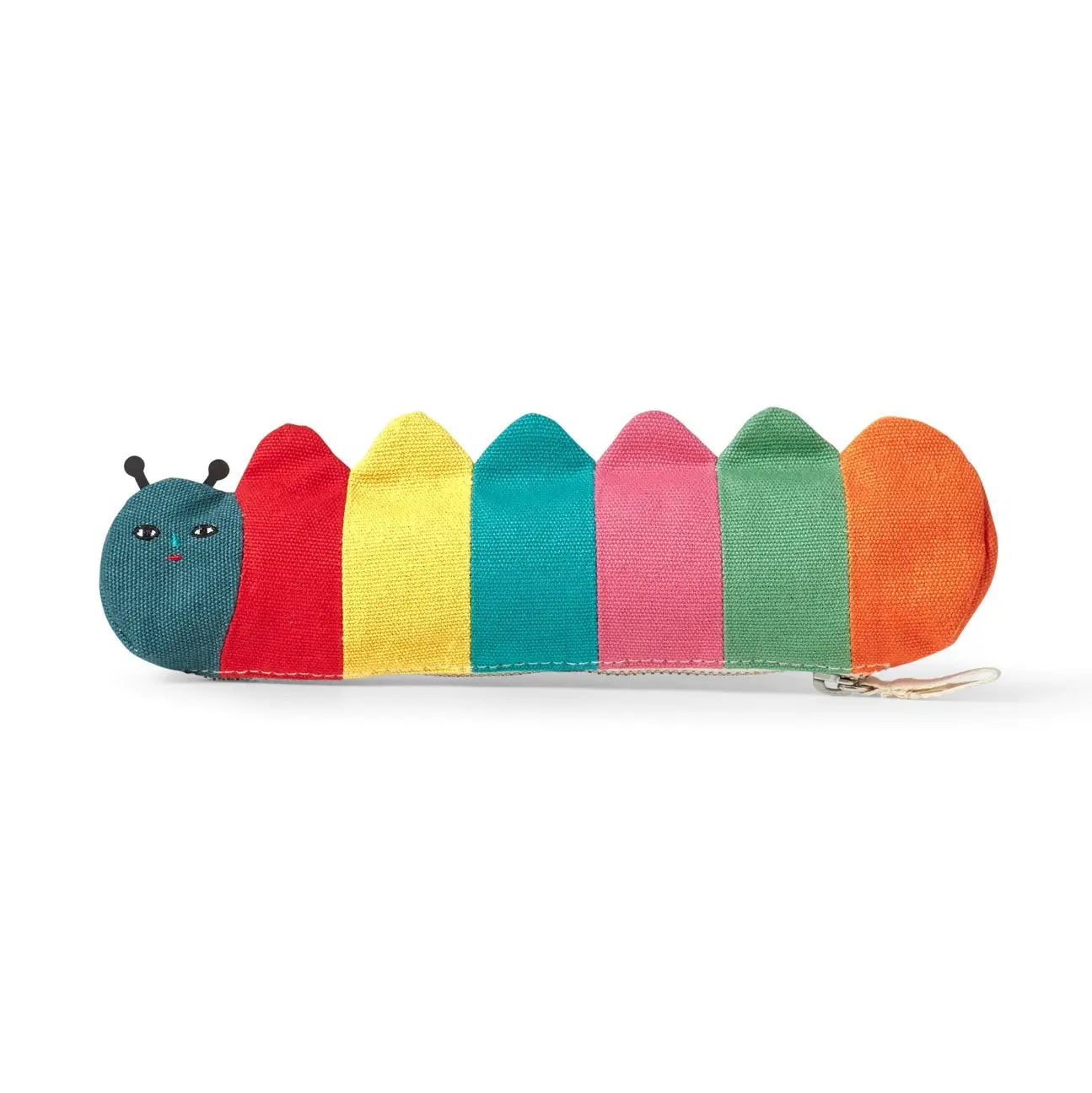 Donna Wilson Casey Caterpillar Pencil Case – colourful cotton pencil case in the shape of a caterpillar with metal zip and soft cotton pull