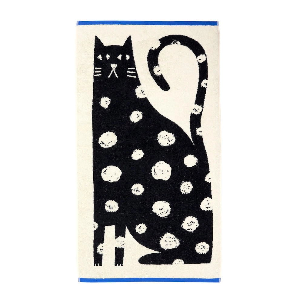 Donna Wilson Lazy Cat Bath Towel – large super soft 100% cotton jacquard bath towel featuring a smug spotty cat design, made in Portugal