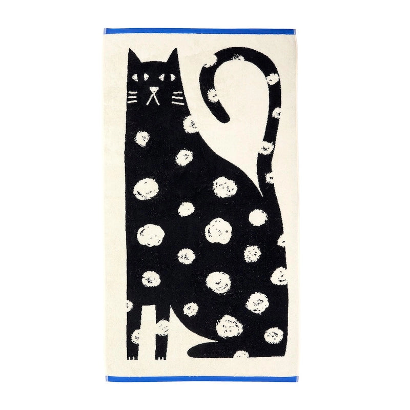 Donna Wilson Lazy Cat Bath Towel – large super soft 100% cotton jacquard bath towel featuring a smug spotty cat design, made in Portugal